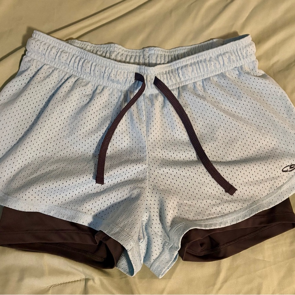 Champion Women’s Light Blue Mesh Athletic Shorts with Dark Brown Inner Layer